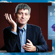 Image - the speaker, his book cover, a background of clouds